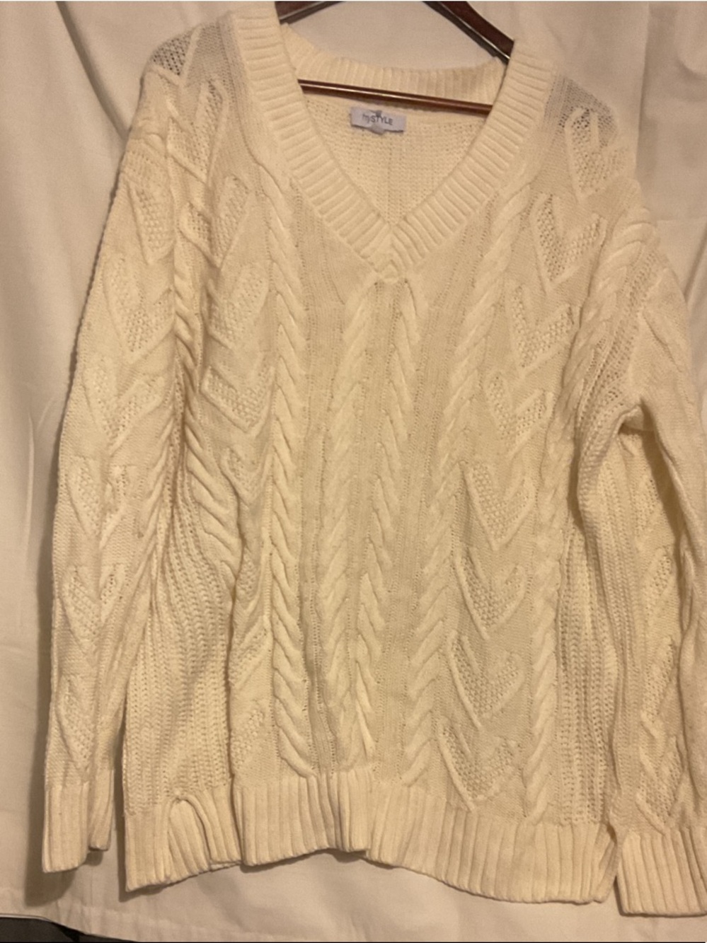 My Style Cream Cable V-Neck Sweater with heart embellishment